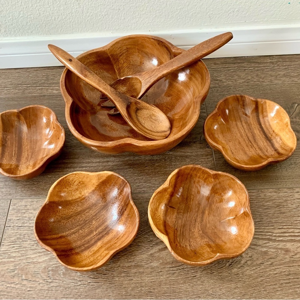 Vintage Genuine Monkey Pod wood  seven pieces tiki salad serving set